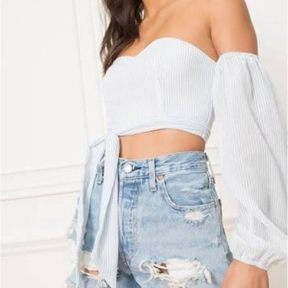 SUPERDOWN *Maya Off Shoulder L/S Crop Blue Stripe Blouse Size Small